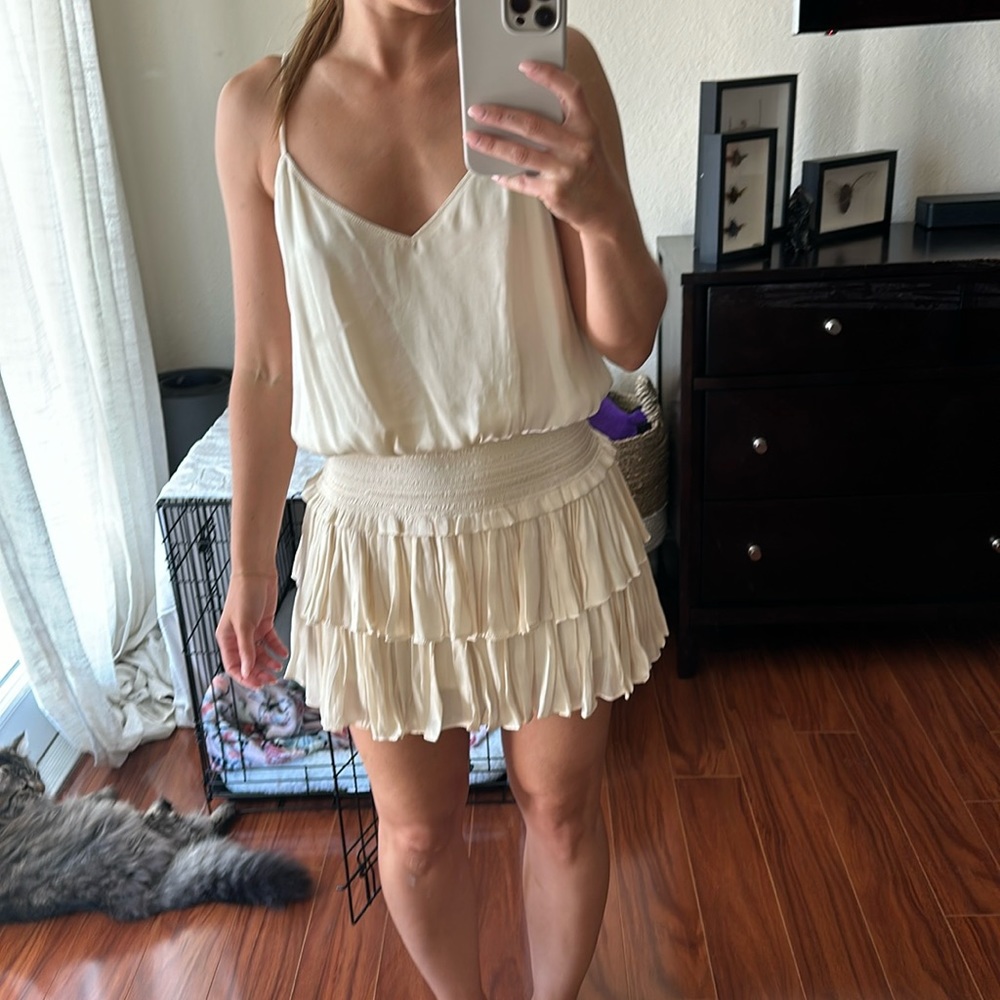 Two piece silk tiered skirt and spaghetti strap blouse